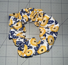 Adult Hair Scrunchie Yellow Blue Floral, Hair Accessories Handmade 100 Cotton