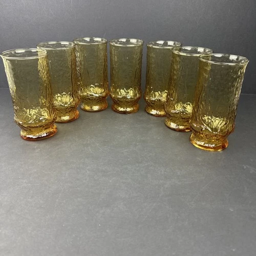 Vintage Anchor Hocking 16 Oz Amber Rainflower Glass Tumbler 7" Set of 7