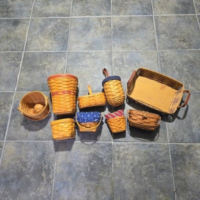 Longaberger Basket Lot 9pc Mixed Sizes Brown Vintage Handwoven Maple Wood Decor