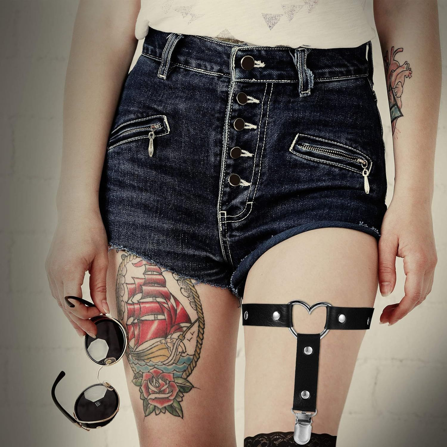 Syhood 4 Pieces Leg Garter Belt Adjustable Punk Rock Heart Gothic Black, Pink 