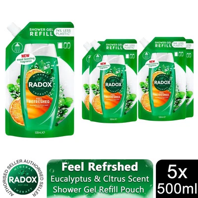Radox Mineral Therapy Shower Gel Refill Pouch Feel Refreshed 500 ml, 5 Pack