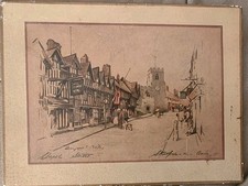 Marjorie C Bates ' Chapel Street ' Stratford upon Avon Art 6.5cm x 21.5cm Tiie.