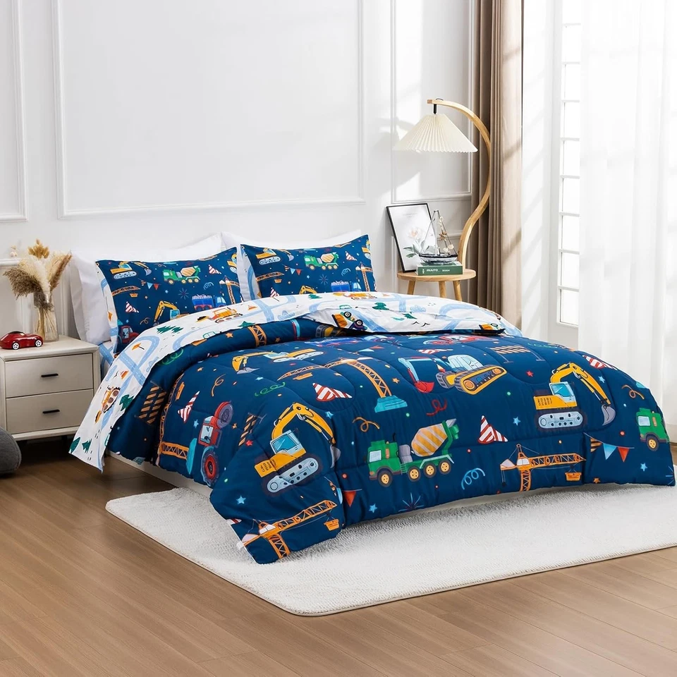 Ropa de cama, vehículos de construcción de dibujos animados, juego de cama de dormitorio reversible para niños Foto 3 de 4