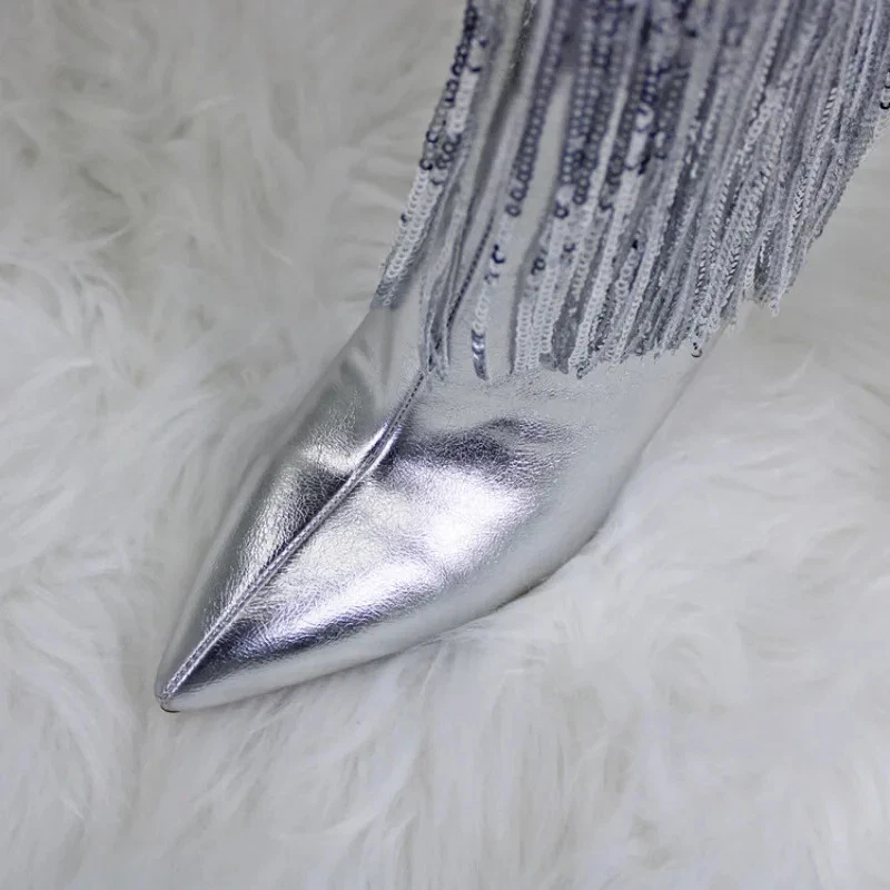 Botas largas para mujer con borlas y lentejuelas hasta la rodilla otoño punta tacones de aguja Foto 3 de 4