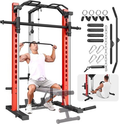 Smith Machine Power Cage Power Rack Squat Rack w/LAT Pulldown, No Weights Bench