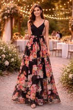 Windsor Floral Maxi Dress Large Black V Neck Sleeveless Side Slit Wedding
