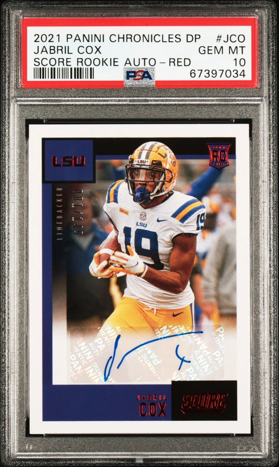 Jabril Cox Panini Chronicles Draft Picks Score Rookie Autographs #JCO Red