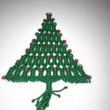 Macrame Christmas Tree Vintage Green with Red Wood Beads Ring Wall Hanging