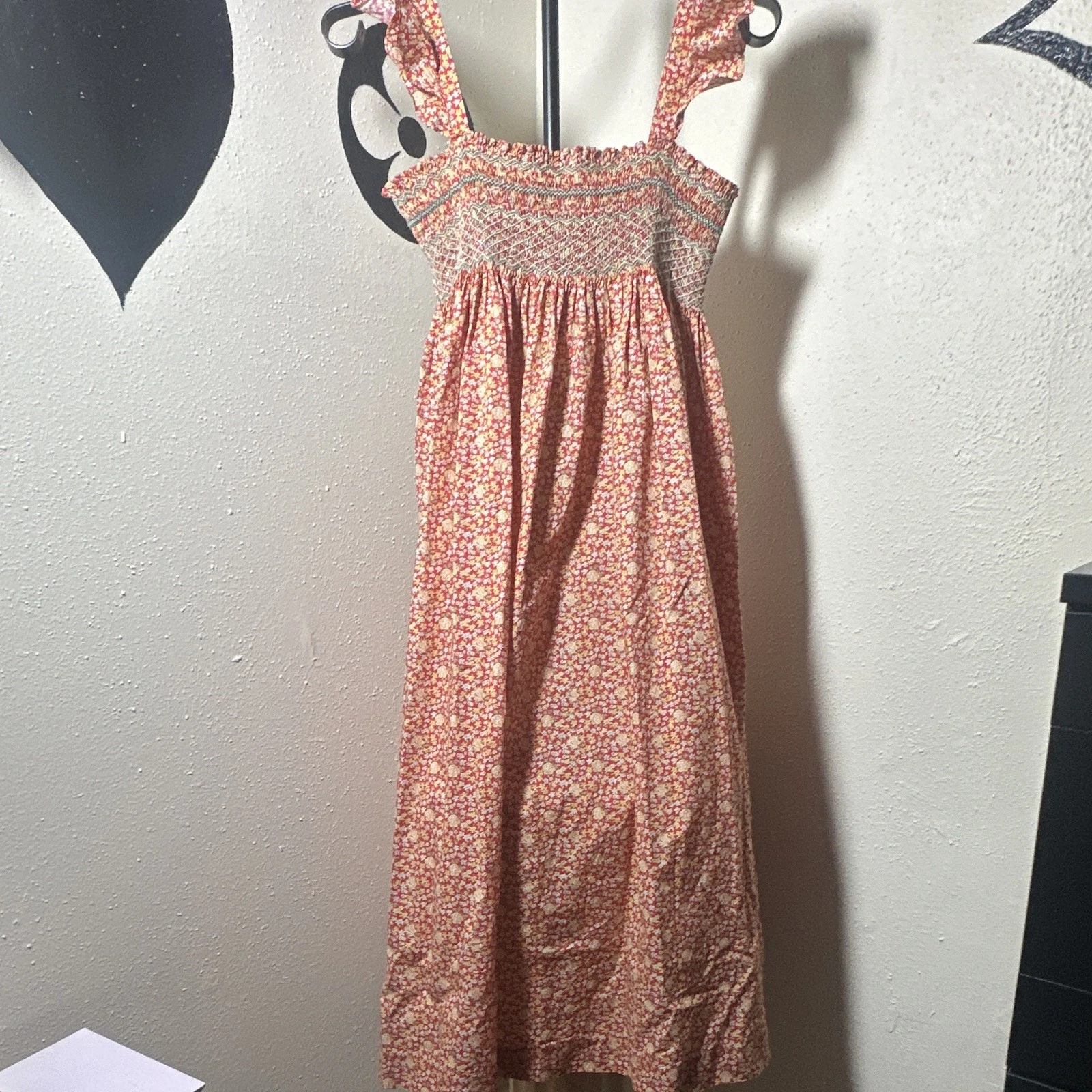 Bonpoint Girls Floral Smocked Sundress Red Yellow Square Neck Ruffle 14A