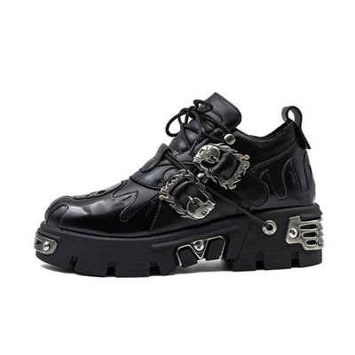 MenRock Couple Shoes Dark Punk Leather Metal Platform Walking Niche Design Boots