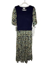 Entro Dress Womens Medium Blue Floral Midi Layered Knit Top Tie Sleeve