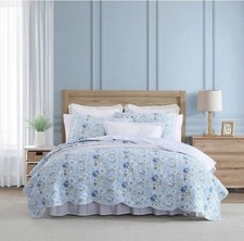 Laura Ashley Blue Peony Garden Twin Quilt Set Scalloped Reversible Cotton NWT