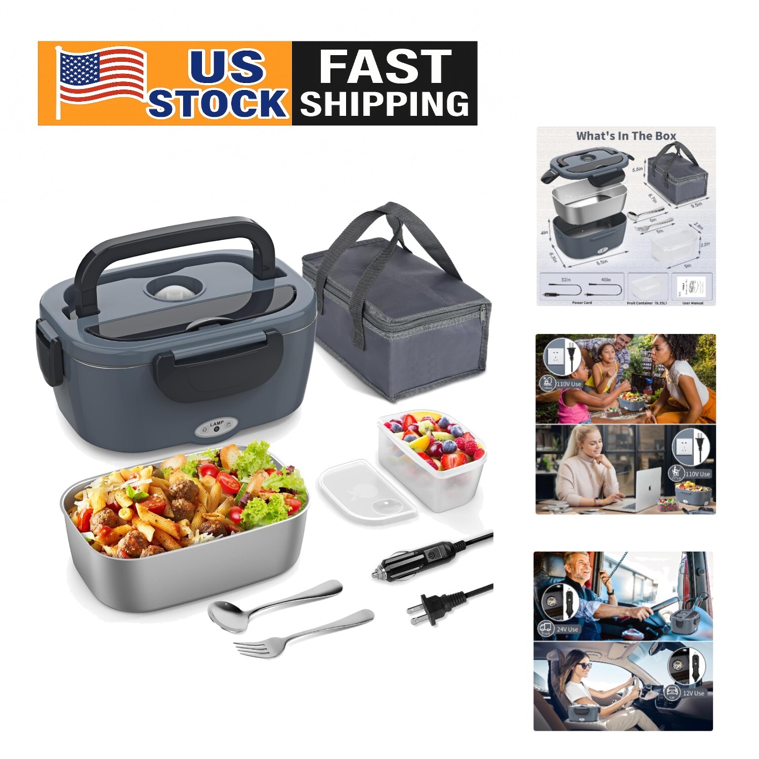 Portable 3-in-1 Electric Lunch Box 1.5L Heated Food Container in Black Grey