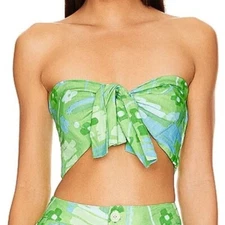 NWT RHODE TONI GREEN LINEN BANDEAU TOP IN ELECTIRC EDEN PRINT SIZE L