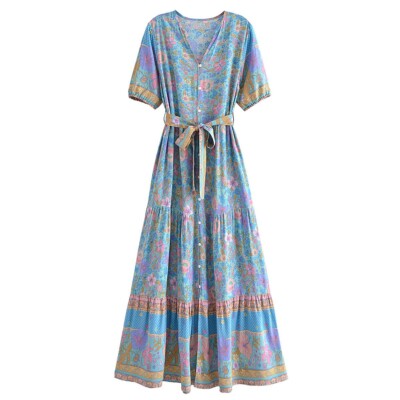 Boho Maxi dress Size 8 10 S Summer Floral Casual Hippy Bohemian flowy flare