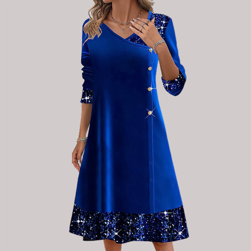 Womens VNeck Sequins Long Sleeve Dress Ladies Evening Cocktail Party