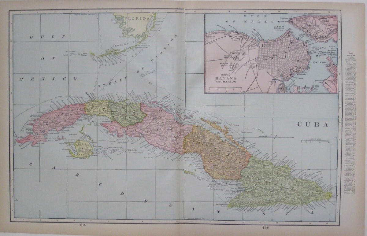 Original 1901 Map CUBA Key West Havana Matanzas Santa Clara
