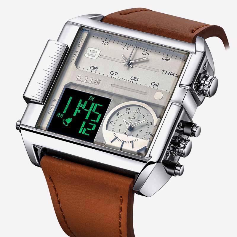 Multiple Time Zone Men LED Watch Square Case Sport Leather Band Display & Analog