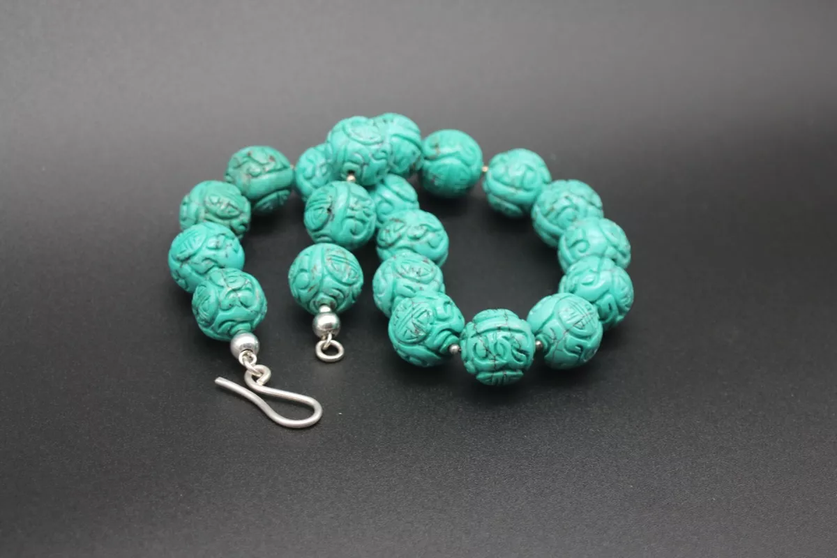 Vintage Chinese Carved 20mm Turquoise Shou Beads 19
