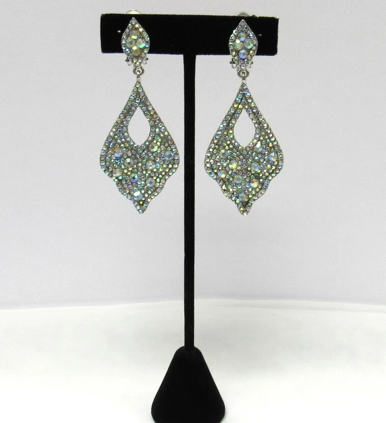 Dangle Iridescent Rhinestone Crystal Clip On Earrings Wedding Prom