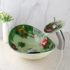 Bathroom Vessel Sink Drain Basin Vanity Glass Bowl & Chrome Faucet & Drain