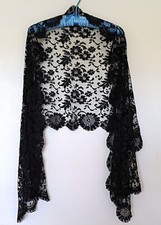 Antique Black Chantilly Lace Mantilla Shawl Wrap Stole 67"x 20" Floral Handmade