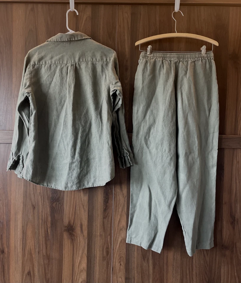In Bed 100% Olive Green Linen Oversized Shirt and Pants Co-Ord Set 1 Small - Изображение 3 из 4