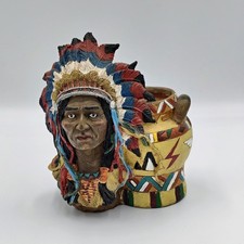 Native American Indian Chief Full Feather Headdress With Pot Resin 7 Inch Tall