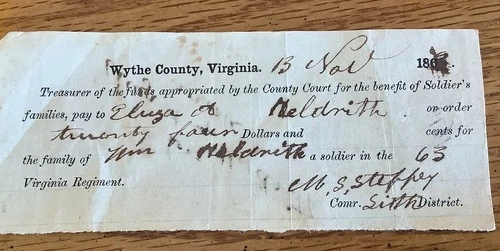 51 Virginia regiment Wythe County Va Southern Soldier 1863 Civil War Document #1