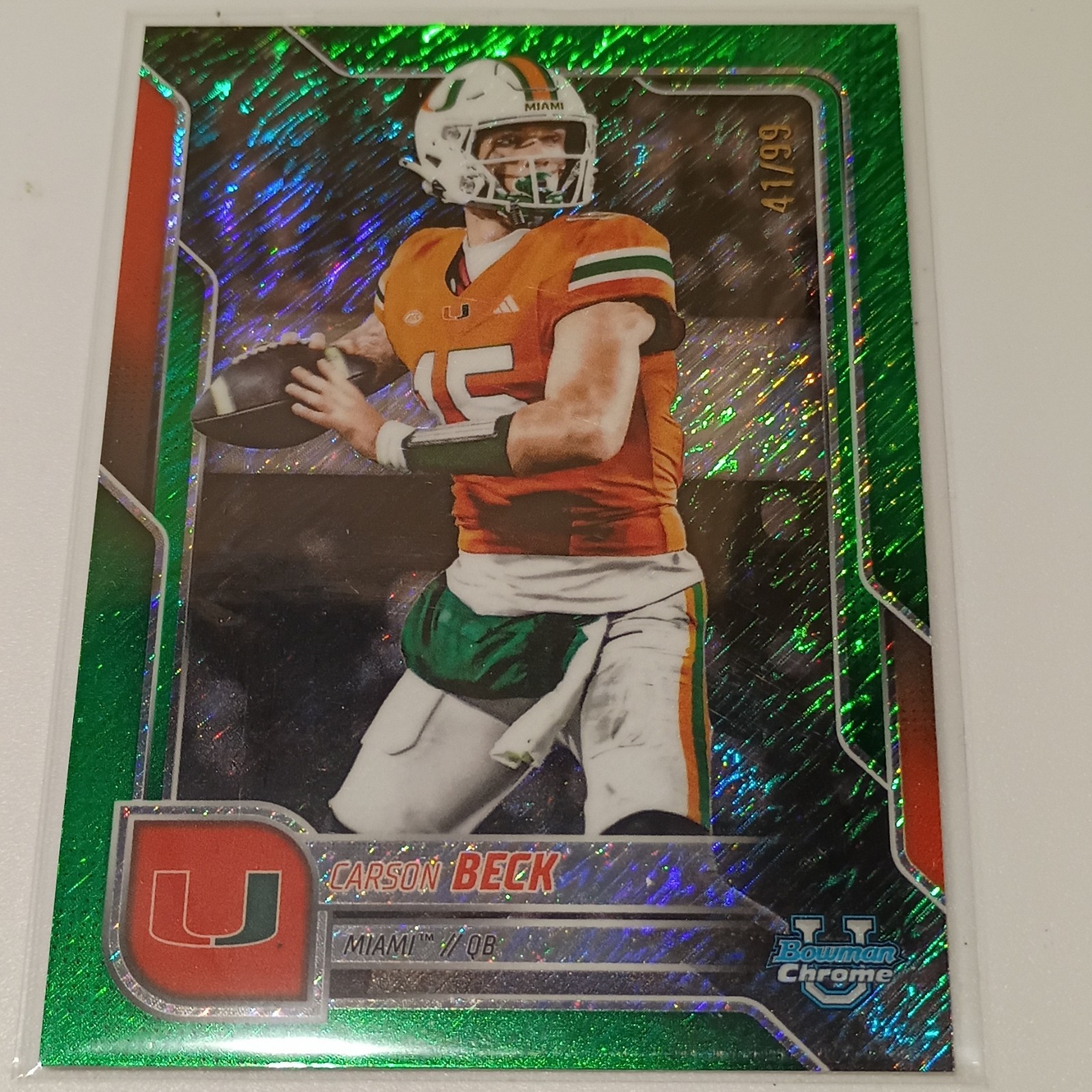 Topps 2025 Bowman University Chrome Carson Beck Green Shimmer Refractor /99 #138