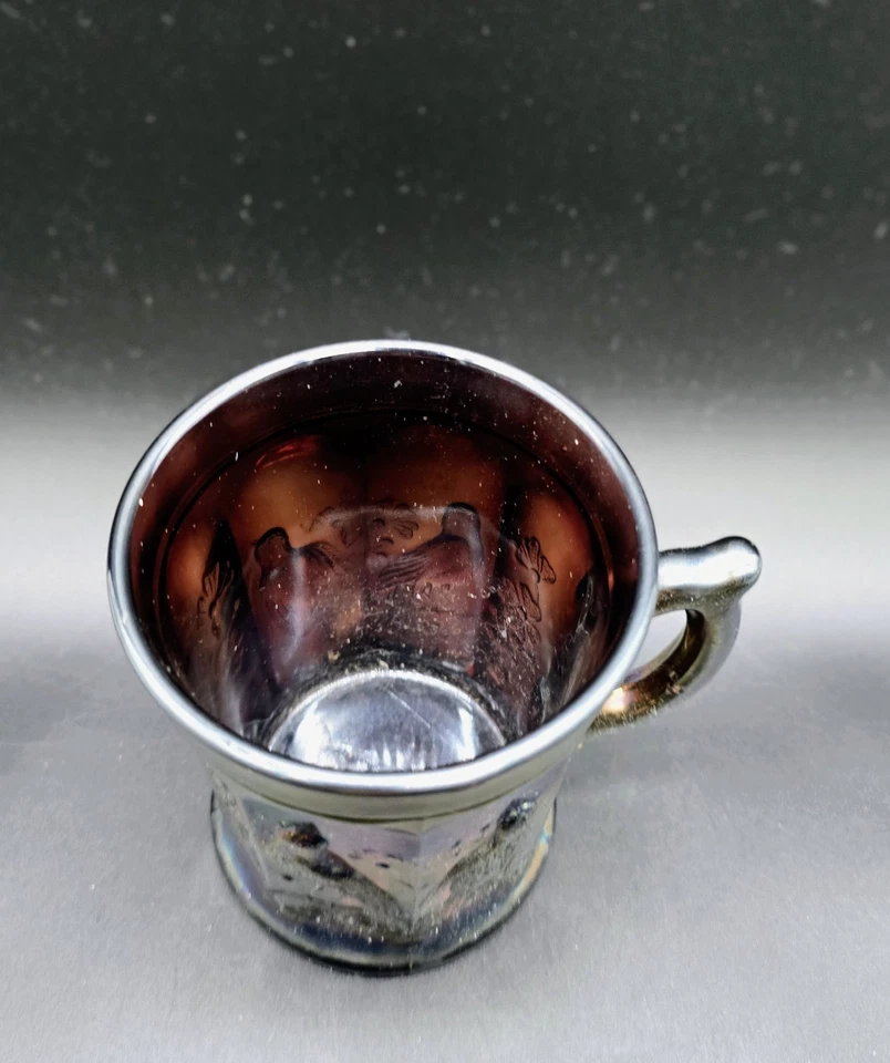 Antique Northwood Carnival Glass Singing Birds Amethyst Purple Mug Iridescent - Image 2 of 4