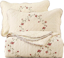 3-Piece Floral Embroidered Bedspread Coverlet Set Oversize Queen 100 Cotton Rev