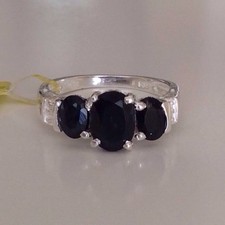 Three-Stone Black Sapphire 925 Sterling Silver Ring SZ 7