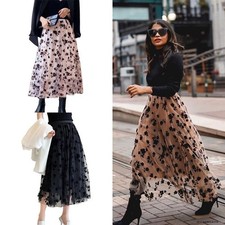 Ladies Floral Tulle Mesh Skirt Elastic High Waist Layers Pleated Skirt Dress