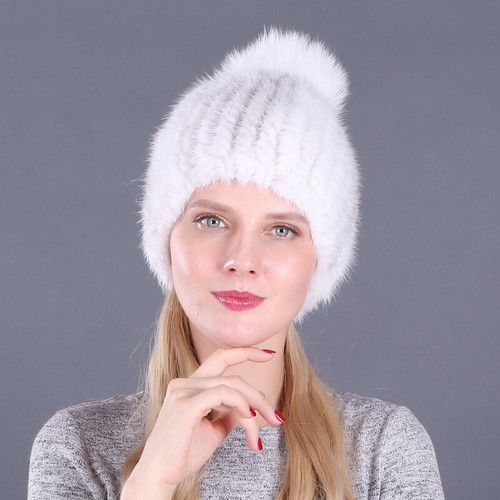 Damen Echt Nerz Pelzmütze Strickmütze Skullies warme Mütze mit echtem Fuchspelz Ball - Bild 6 von 12