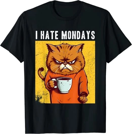 NEW LIMITED Angry cat drinking coffee I hate Mondays funny Premium T Shirt S 3XL