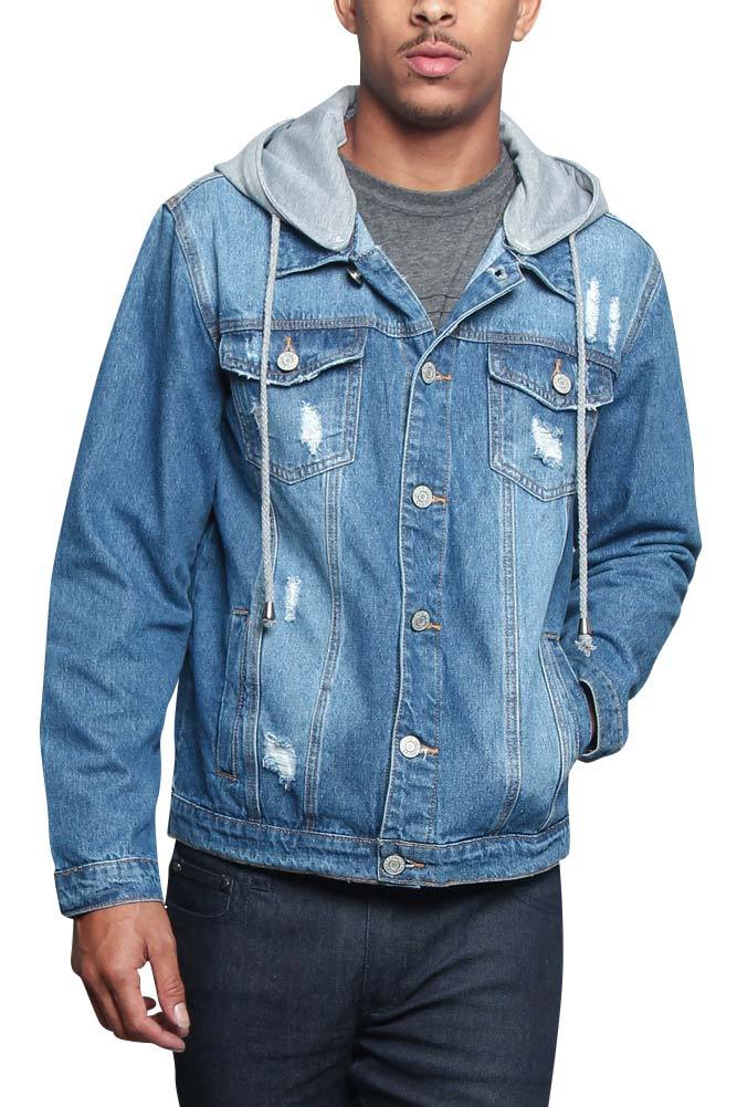 Victorious Men's Hoodie Ripped Denim Jacket with Removable Hood     DK135