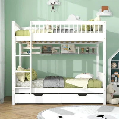 MERAX 3ft Single Bed frame Wooden Bunk Beds with Storage White Wood Kids Childrens Bed