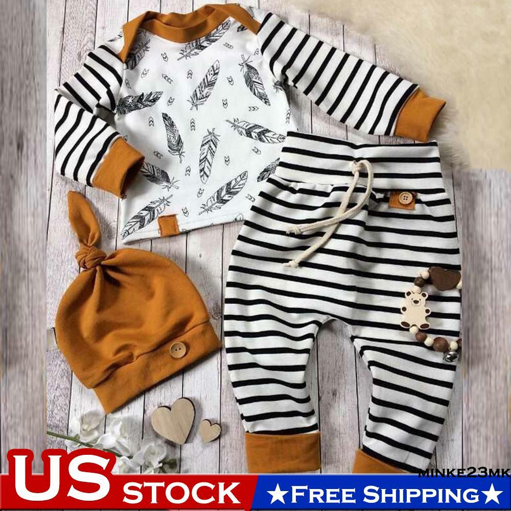 3Pcs New child Child Boys Women Striped T-shirt Tops+Pants Outfits Garments Set US