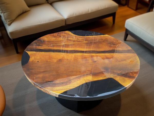 Handmade Round Black Epoxy Wood Coffee Table Rustic Modern Wooden Furniture-image