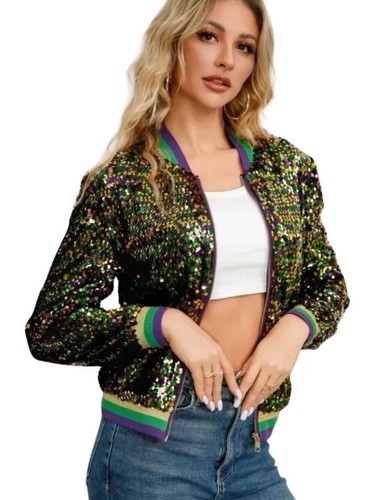 Women's Mardi Gras Tri-Colored Confetti Sequin Bomber Jacket - Picture 2 of 9