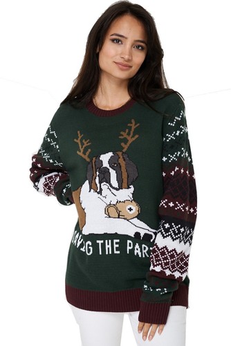 Unisex grün Weihnachten Strick Hund Print Pullover Xmas Neuheit Sweater - Bild 2 von 4