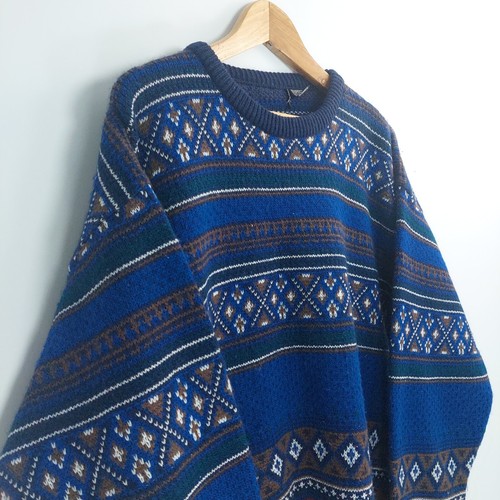 Knit Jumper Mens Size L / XL Blue Geometric Long Sleeve Oversized Y2K Acrylic - Picture 4 of 13