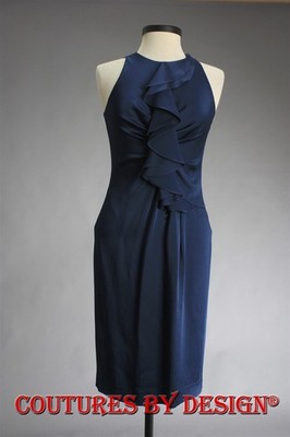 St John Knits Couture Satin Shift Cascading Dress Navy Size 2 NWT MSRP $880
