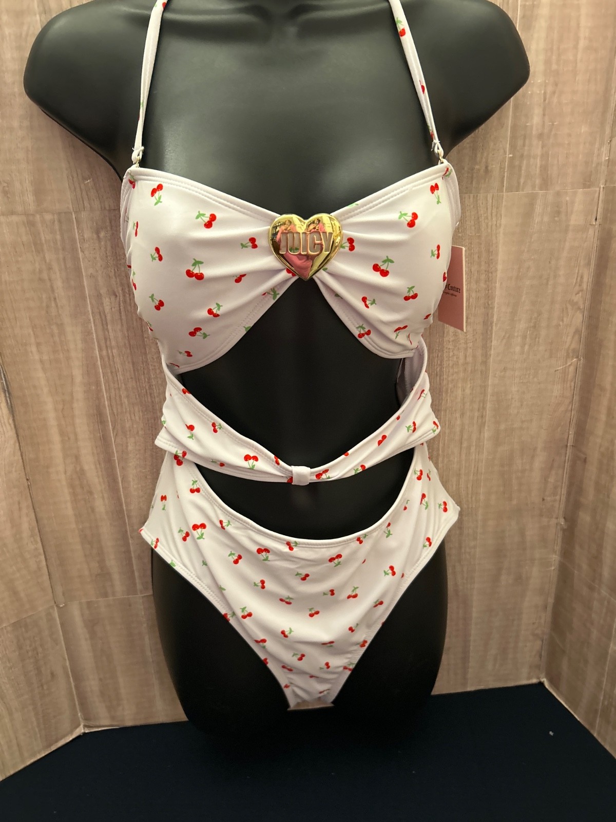 NWT Juicy Couture One Piece Cutout White Cherry Print Heart Logo Charm Swim Suit
