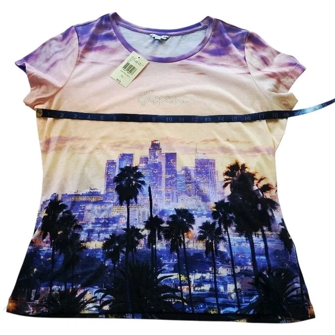 Camiseta Y2K GUESS Para Mujer Los Angeles Skyline Palmeras Adornada BLING Gráfico Foto 3 de 4