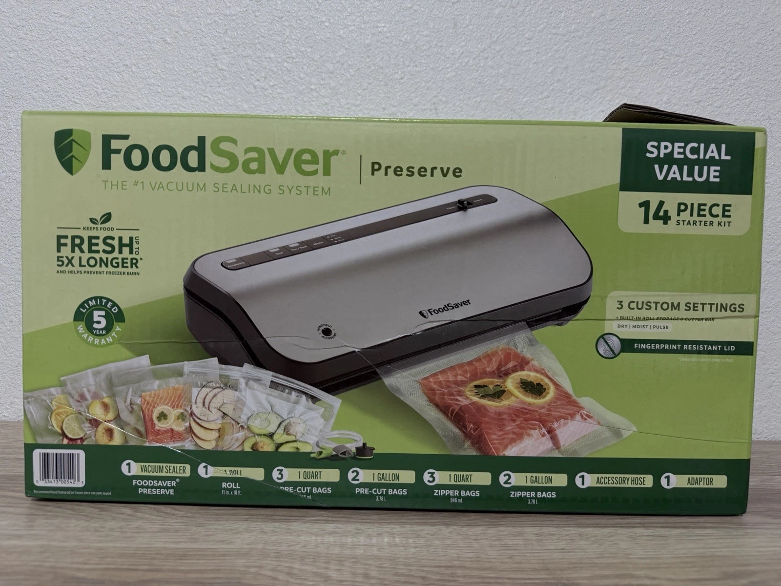 FoodSaver Preserve Vacuum Sealer, 14-Piece Starter Kit, Vacuum Seal Roll & Bags