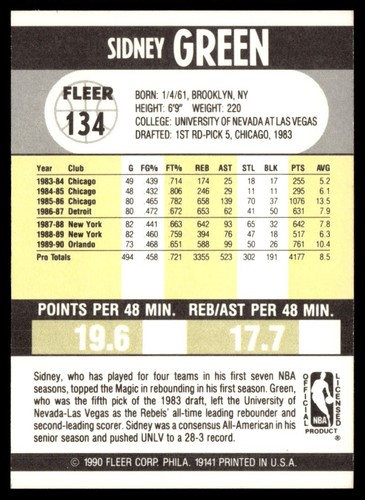 1990-91 Fleer Sidney Green Orlando Magic #134 - Picture 2 of 2