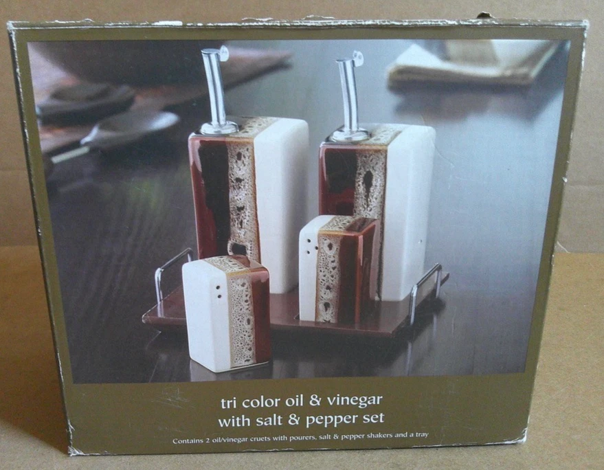 PIER 1 Imports 5-pc Tri-Color Oil & Vinegar SALT & PEPPER Shakers Hostess/Tray