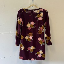 Loft Petites Floral Shift Dress Burgundy Plum Long Sleeve 00P 479263 Fall Boho